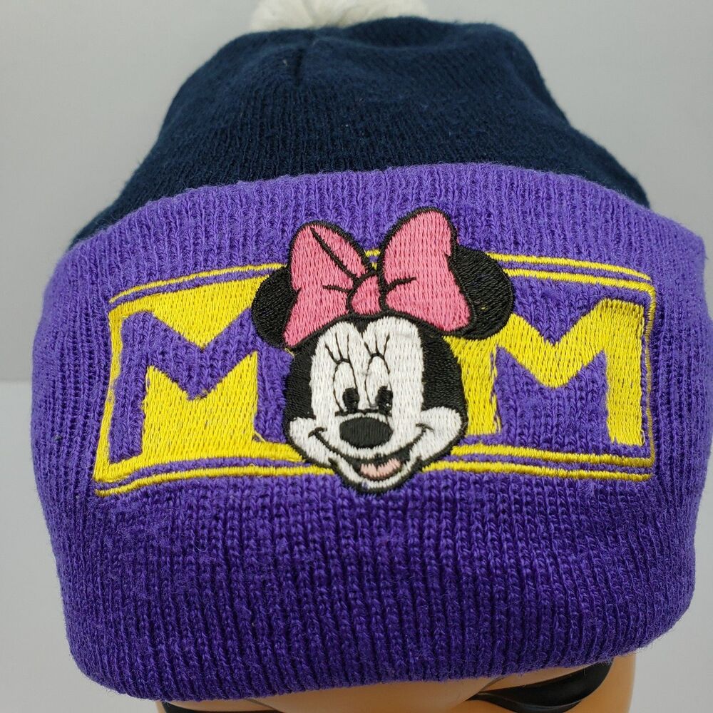 Vintage Disney Mickey Unlimited Minnie Mouse MOM Beanie Hat Purple Navy Knit Pom - Picture 3 of 11